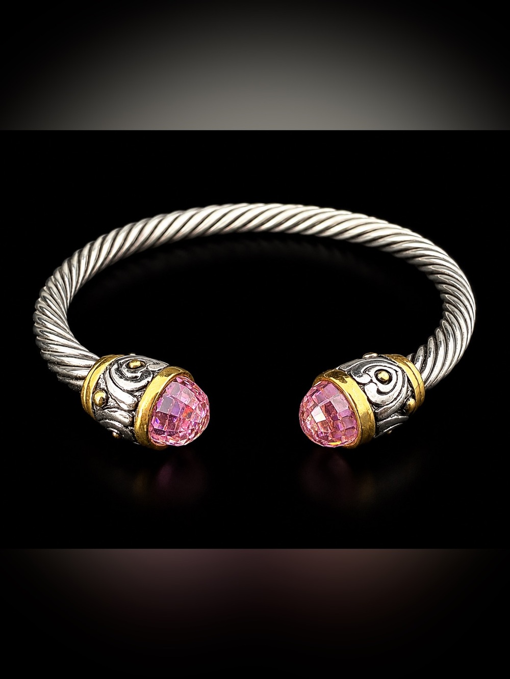 Silver and Gold tone Twisted Cable Cuff Pink Crystal Statement Bracelet, NWOT